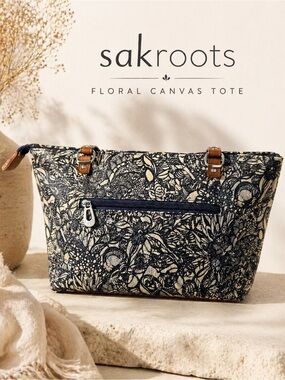 Sakroots Floral Canvas Tote Bag Brown Leather Straps Zip Top